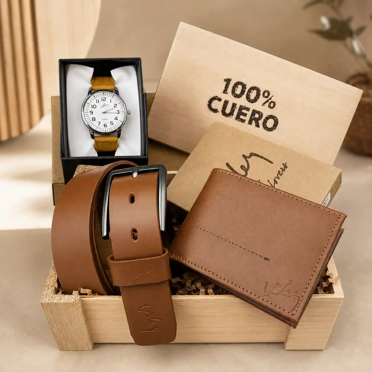 Combo VELEZ de cuero para hombre + reloj de obsequio