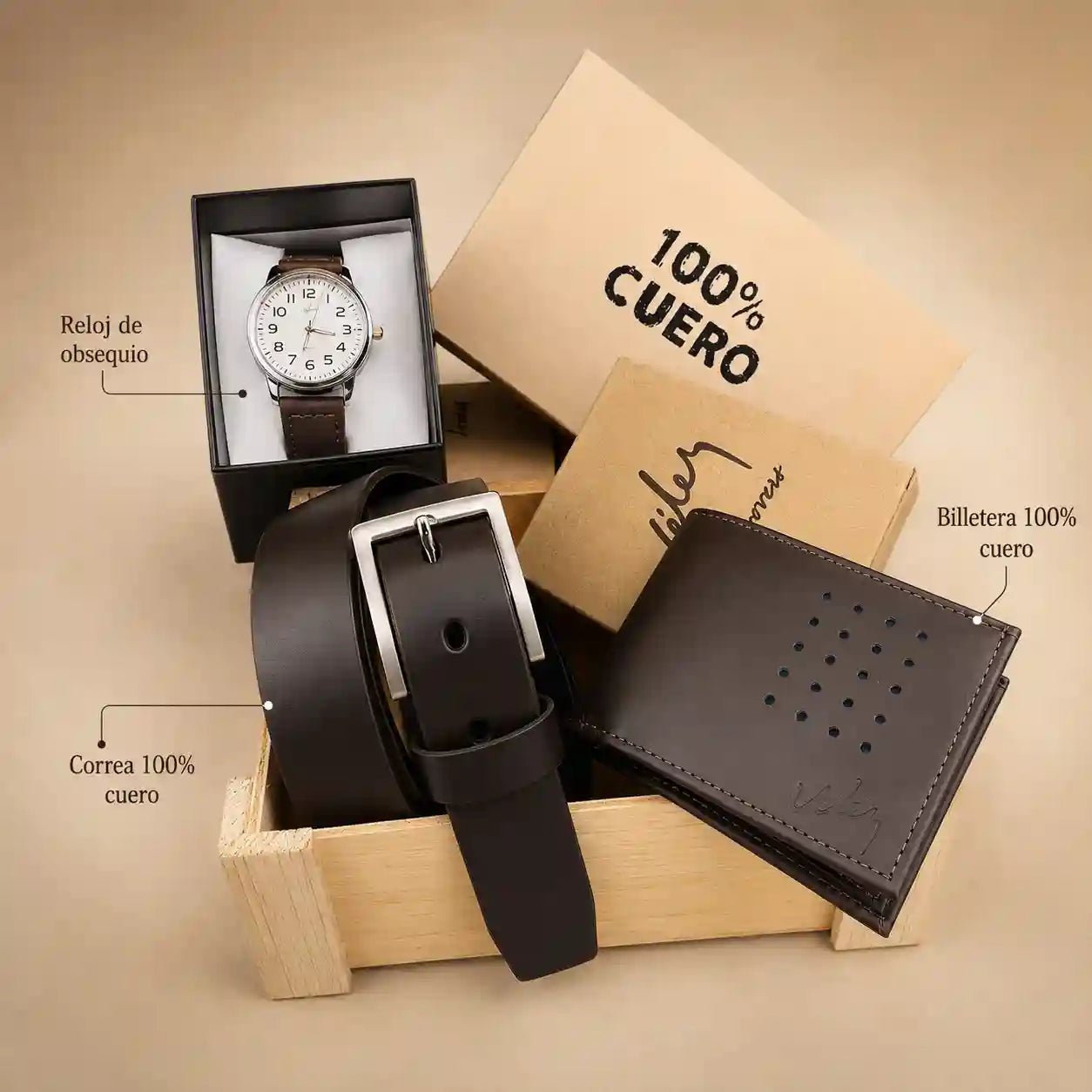 Combo VELEZ de cuero para hombre + reloj de obsequio