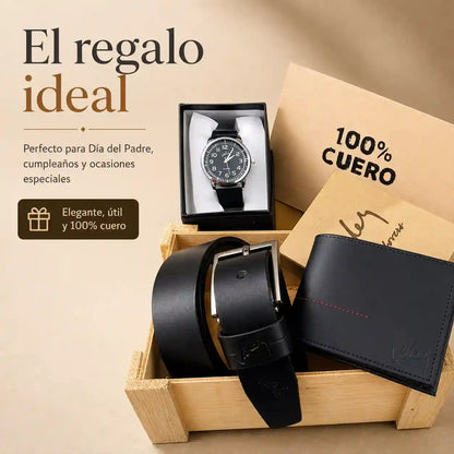 Combo VELEZ de cuero para hombre + reloj de obsequio