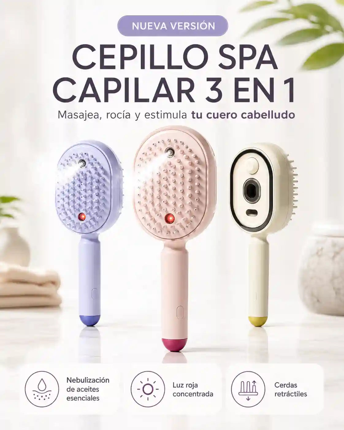 🩷 CEPILLO DE MASAJE CON COJÍN DE AIRE Y ROCIADOR ELÉCTRICO