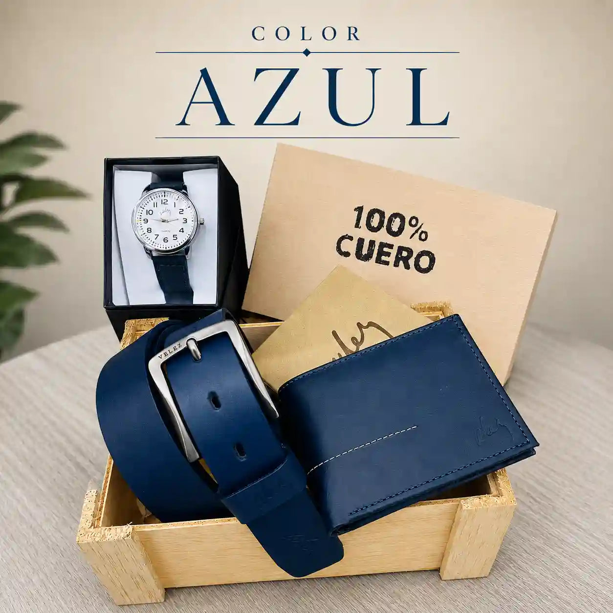 Combo VELEZ de cuero para hombre + reloj de obsequio
