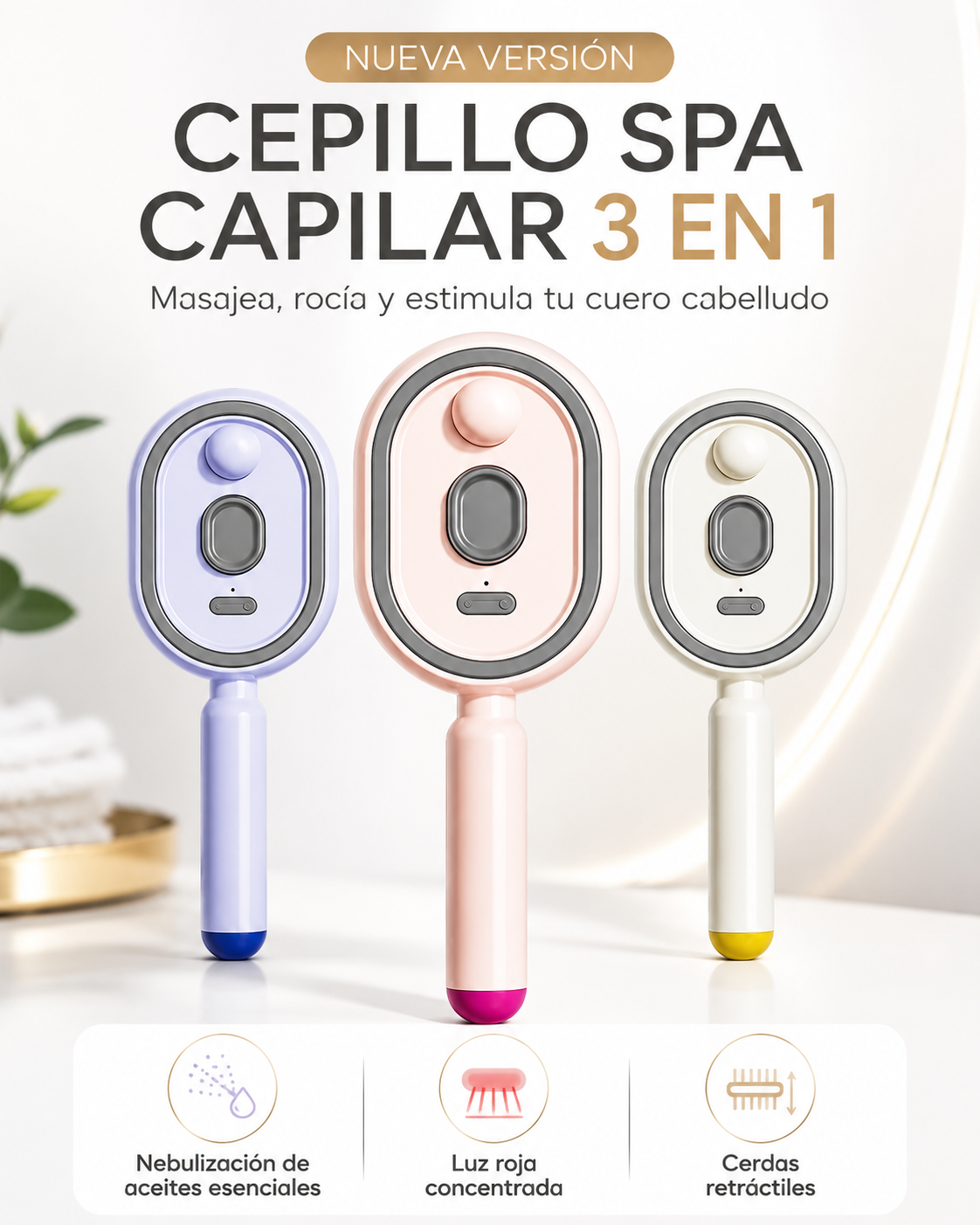 🩷 CEPILLO DE MASAJE CON COJÍN DE AIRE Y ROCIADOR ELÉCTRICO